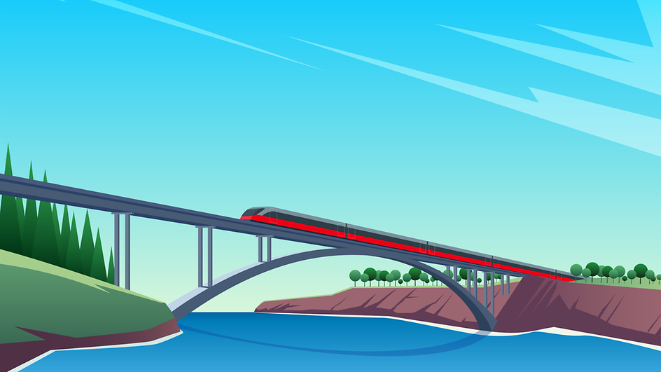 Ein Zug fährt vor blauem Himmel über eine Brücke - gemalt