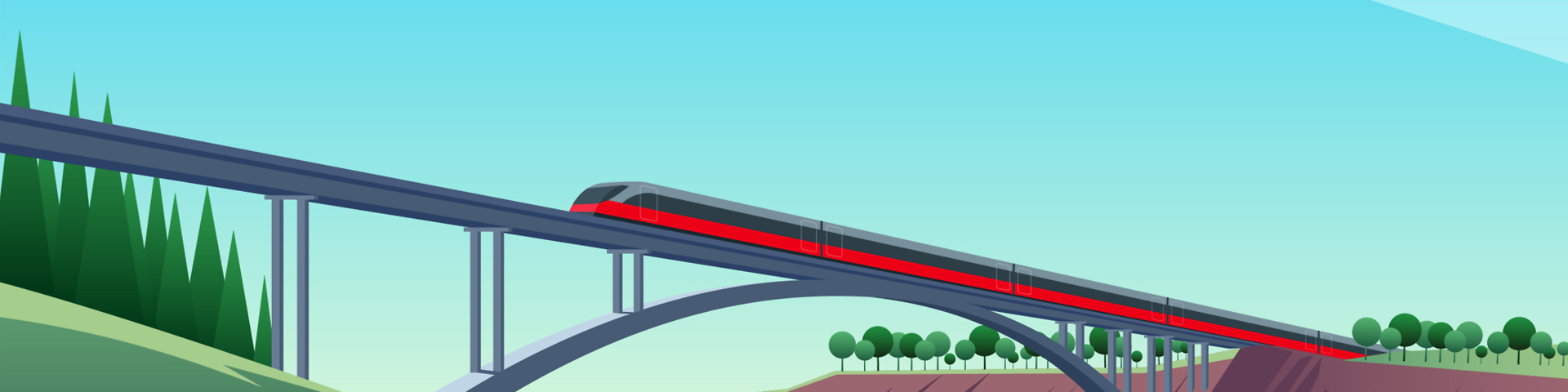 Ein Zug fährt vor blauem Himmel über eine Brücke - gemalt
